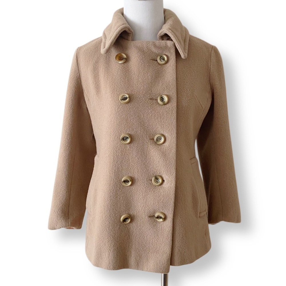 Neiman Marcus, Women’s Small, Vintage 70s Tan Wool Pea Coat with Copper Lining - Picture 2 of 9